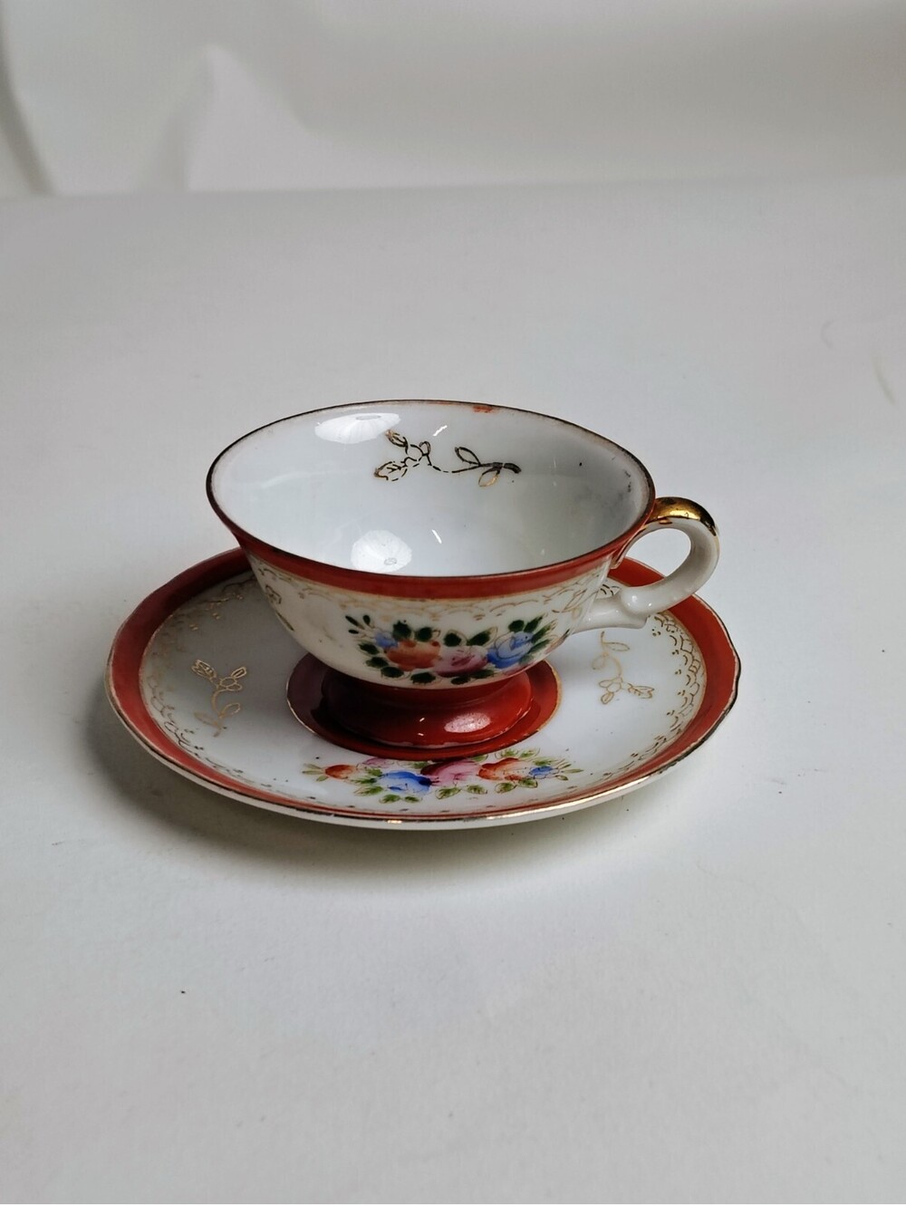 Vintage Made in Occupied Japan Teacup Saucer Set Floral Red Band Gold Trim Gilt